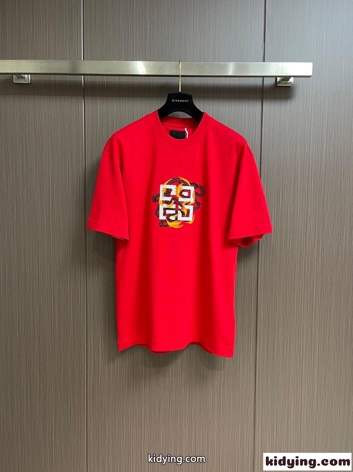 4Gドラゴンプリント コットン 半袖Tシャツ ジバンシィ Tシャツ 偽物 レッド-0