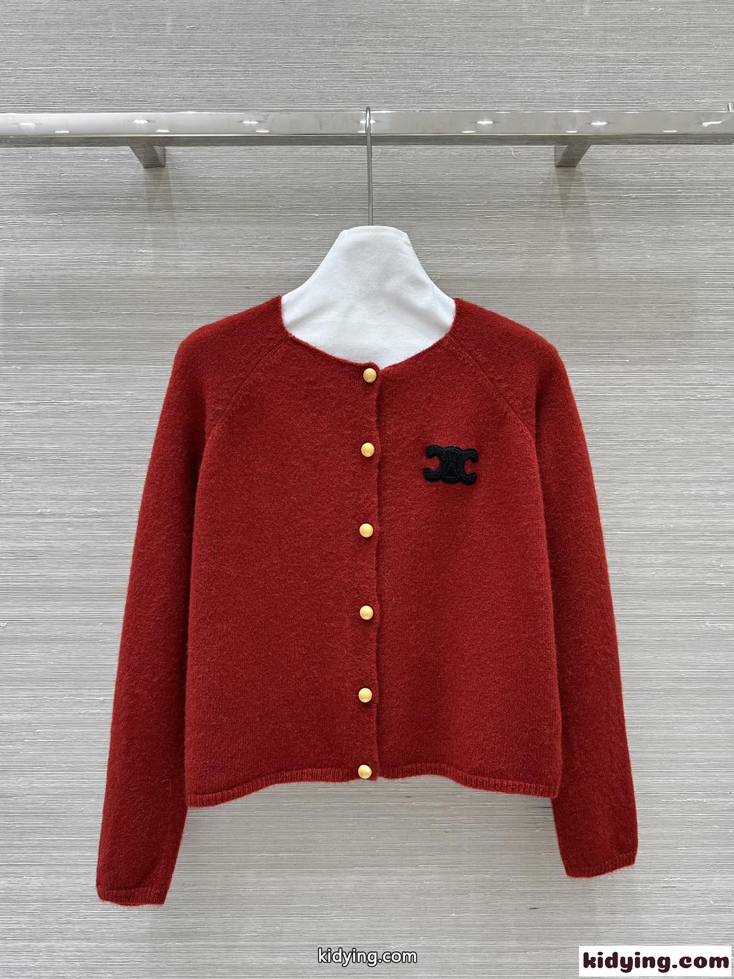 シンプル 上品 トリオンフパッチ セリーヌ ニット コピー カーディガン レッド-2