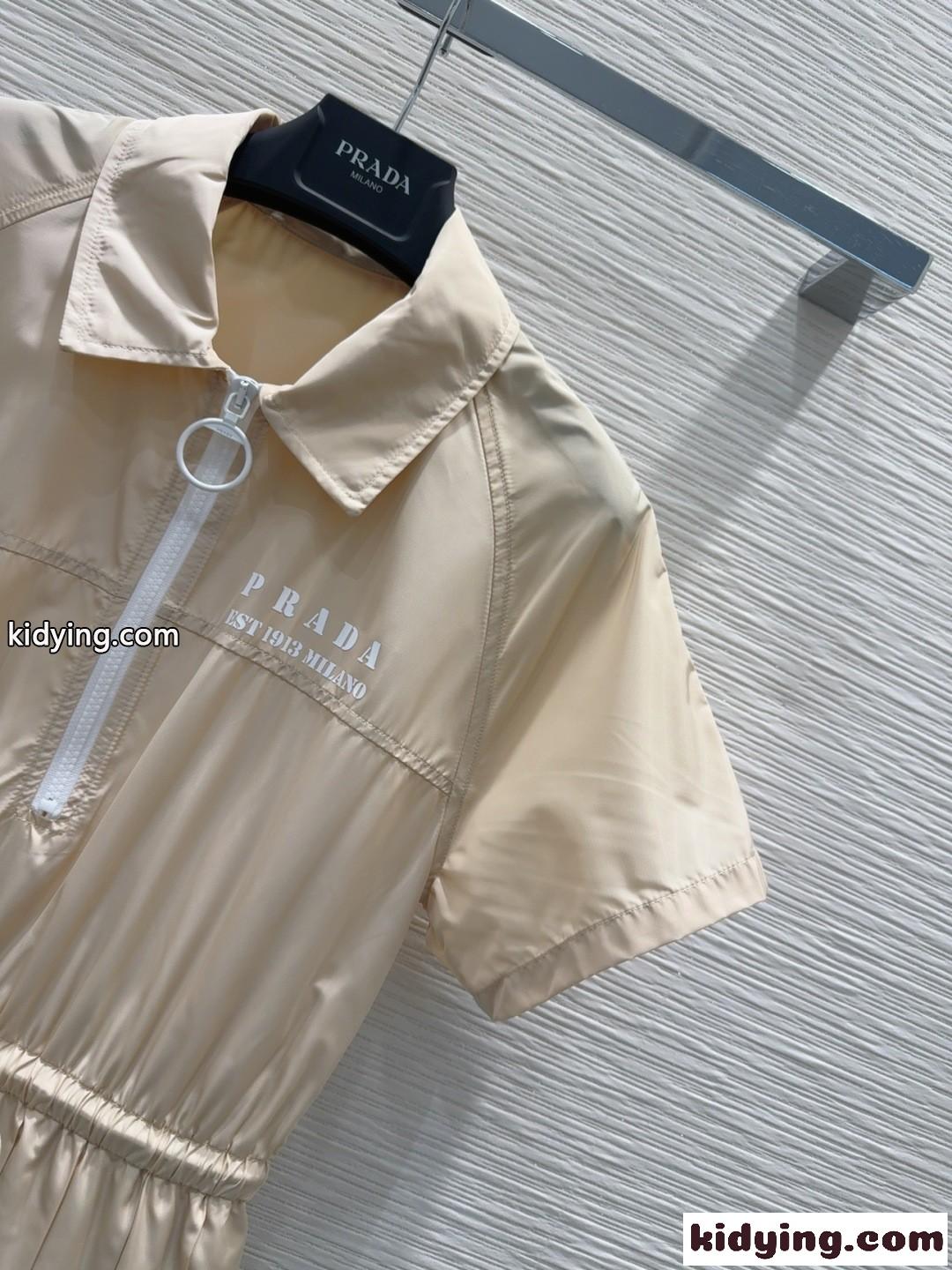 上品 カジュアル ハーフジップ 半袖ドレス プラダ ワンピース 偽物 ベージュ-1
