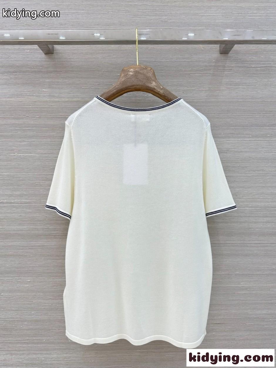 トリオンフ刺繍 クルーネックニットTシャツ セリーヌ Tシャツ 偽物 ホワイト-4