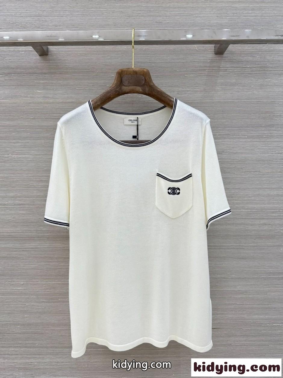 トリオンフ刺繍 クルーネックニットTシャツ セリーヌ Tシャツ 偽物 ホワイト-0