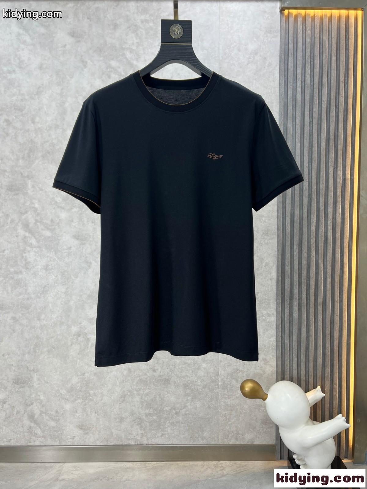 カジュアル クルーネック エルメネジルド・ゼニア 半袖Tシャツ コピー 刺繍入り ブラック-1