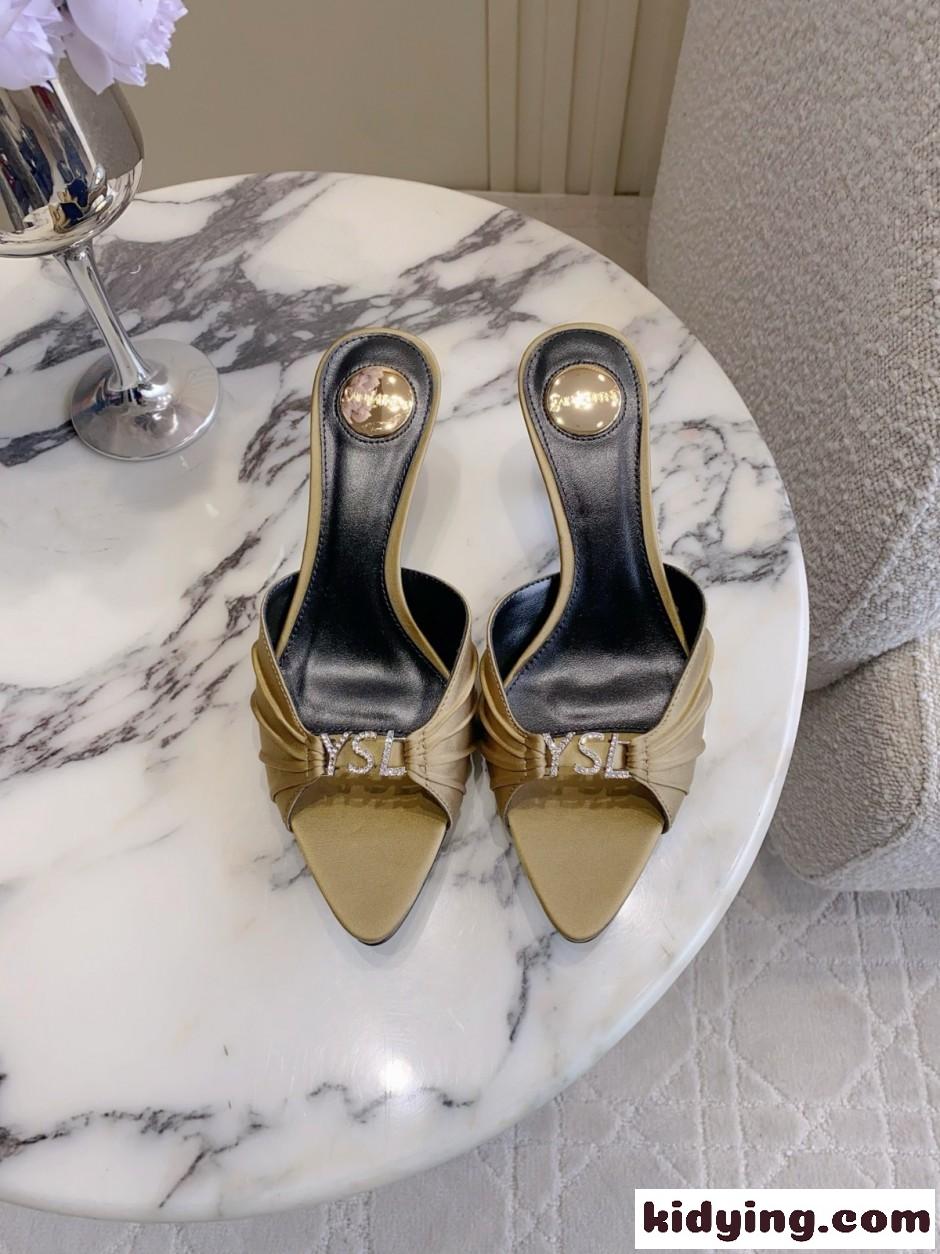 上品 洗練された サテン YSL ジェリー ミュール イヴ・サンローラン サンダル コピー カーキ-1