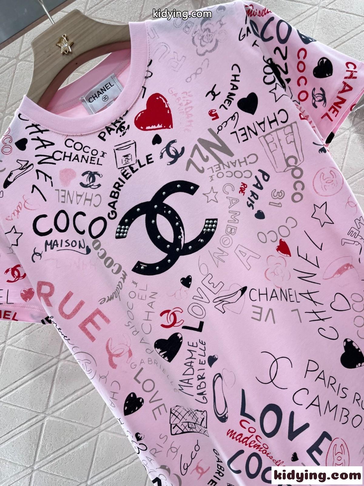 おしゃれ プリント クルーネック シャネル Tシャツ コピー コットン 半袖Tシャツ ピンク-3