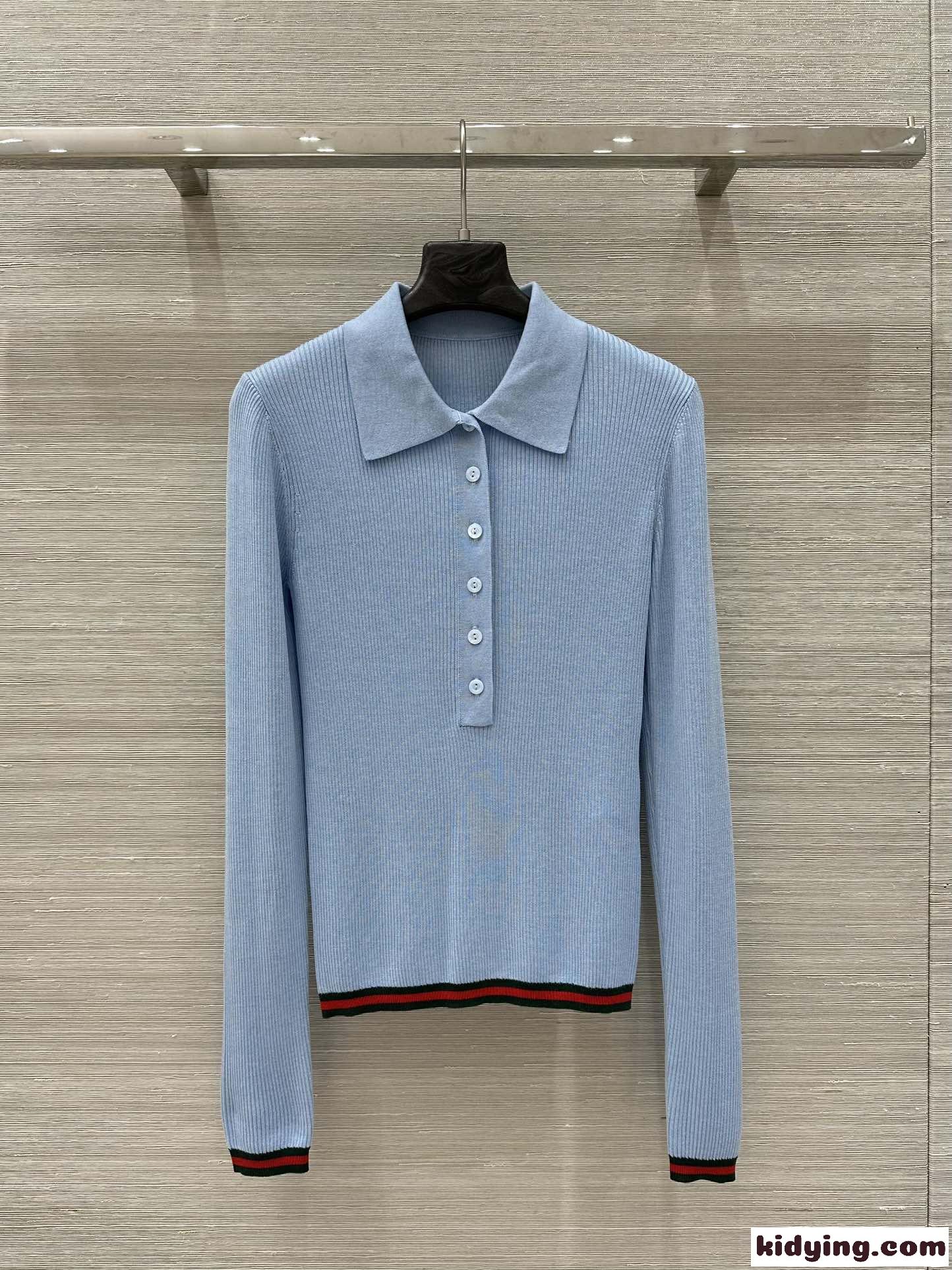 ウェブ ストライプ カシミア＆シルク ポロトップ グッチ ニット コピー ブルー-0