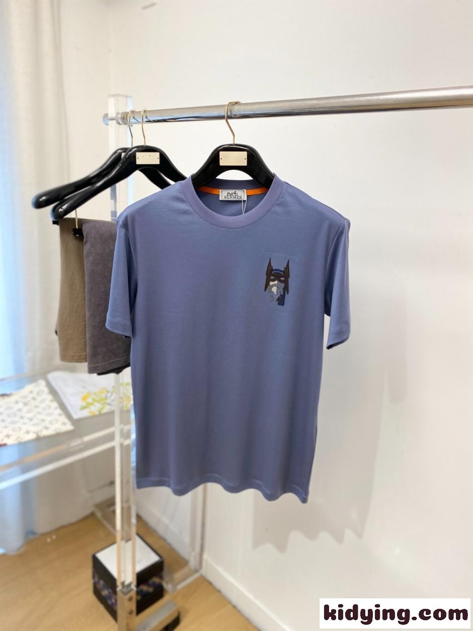 カジュアル レザーパッチ 半袖Tシャツ エルメス Tシャツ 偽物 グレー-0