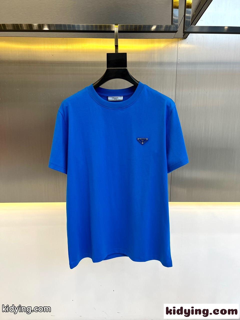 シンプル トライアングルロゴ付き 半袖Tシャツ プラダ Tシャツ コピー ブルー-0