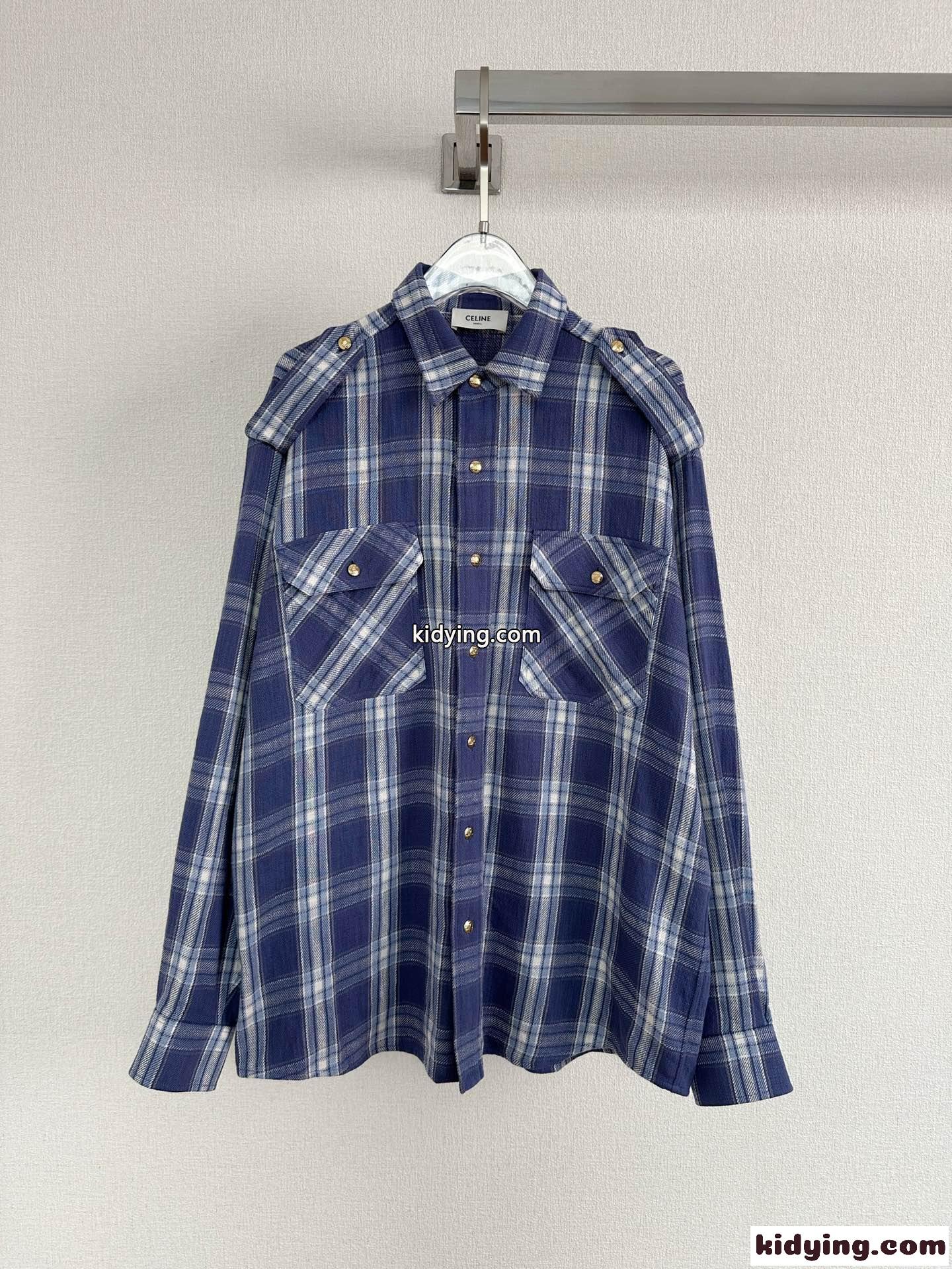 チェック オーバーシャツ コットン セリーヌ シャツ コピー ブルー-1