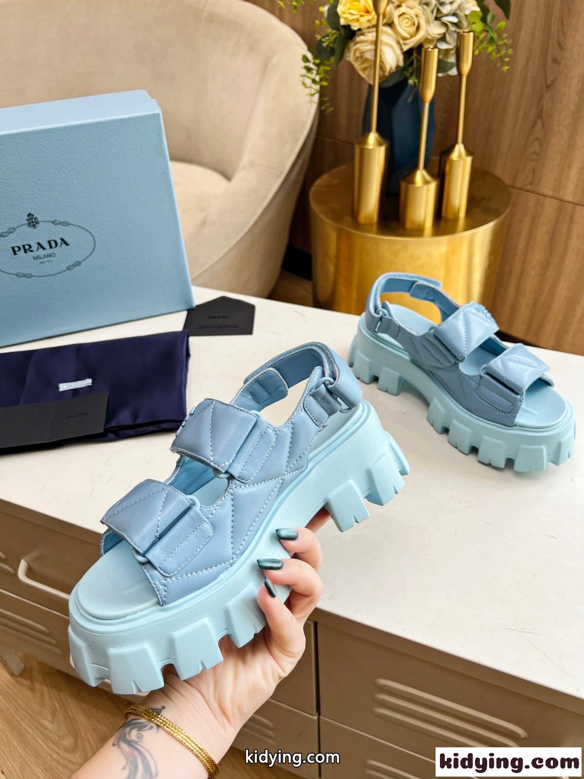 大人気 厚底 レディースシューズ プラダ サンダル コピー ブルー-3