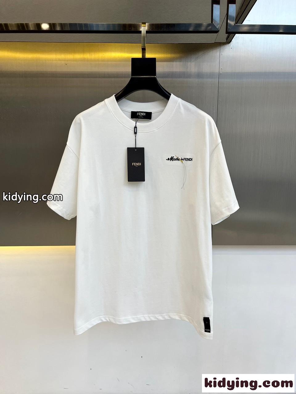 おしゃれ ロゴ 刺繍 クルーネック フェンディ 半袖Tシャツ コピー ホワイト-0
