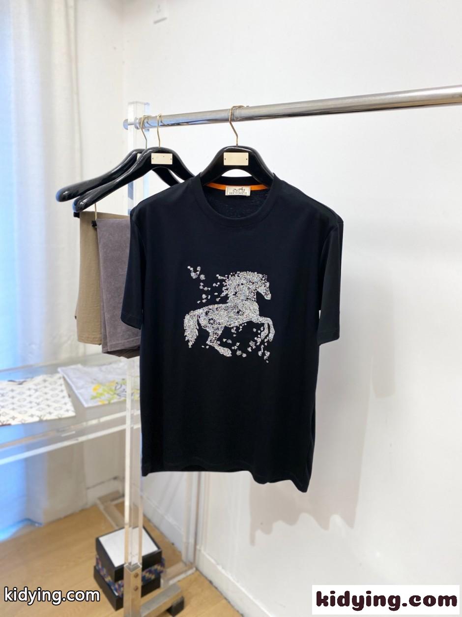ホースモチーフ クルーネック 半袖Tシャツ エルメス Tシャツ 偽物 ブラック-0