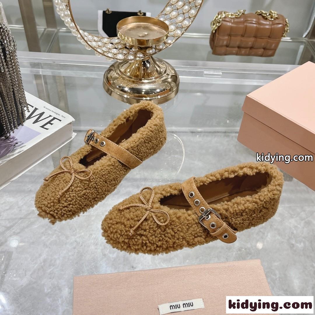 シープスキン フラット バレリーナシューズ ミュウミュウ シューズ スーパーコピー キャメル-2