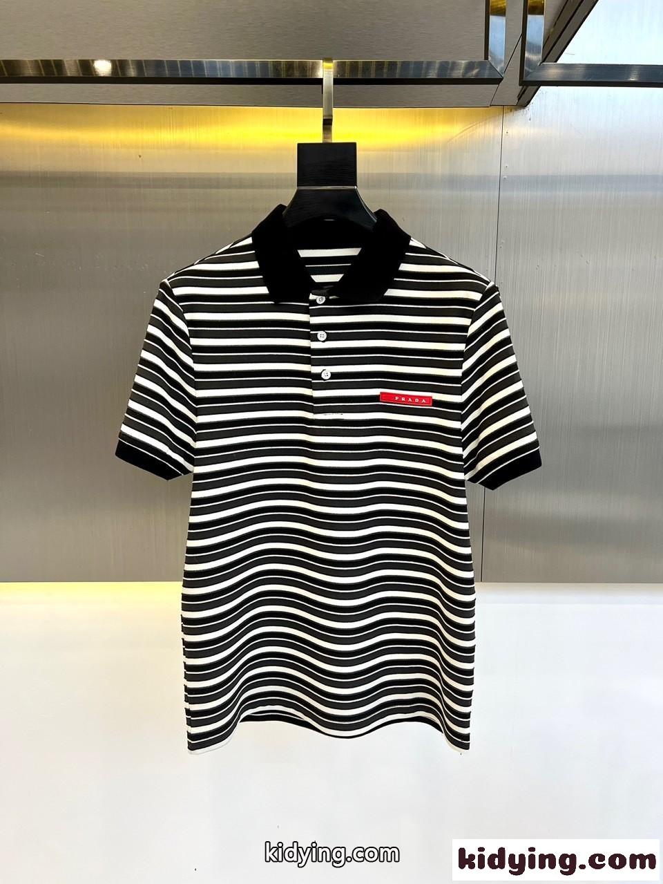 プラダ Tシャツ コピー メンズ カジュアル ストライプ 半袖 ポロシャツ-1