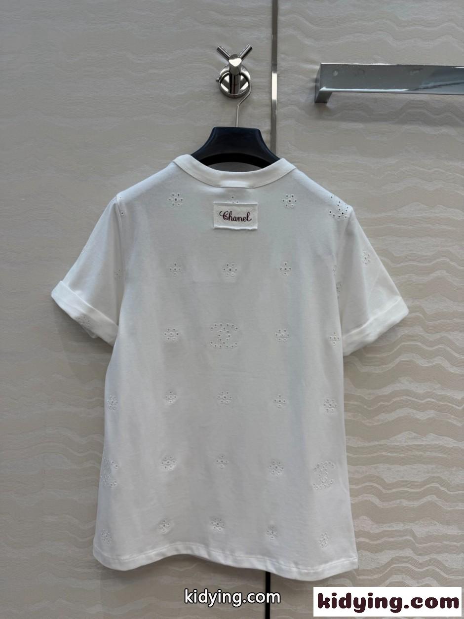 シンプル アイレット刺繍 コットンTシャツ シャネル Tシャツ コピー ホワイト-4
