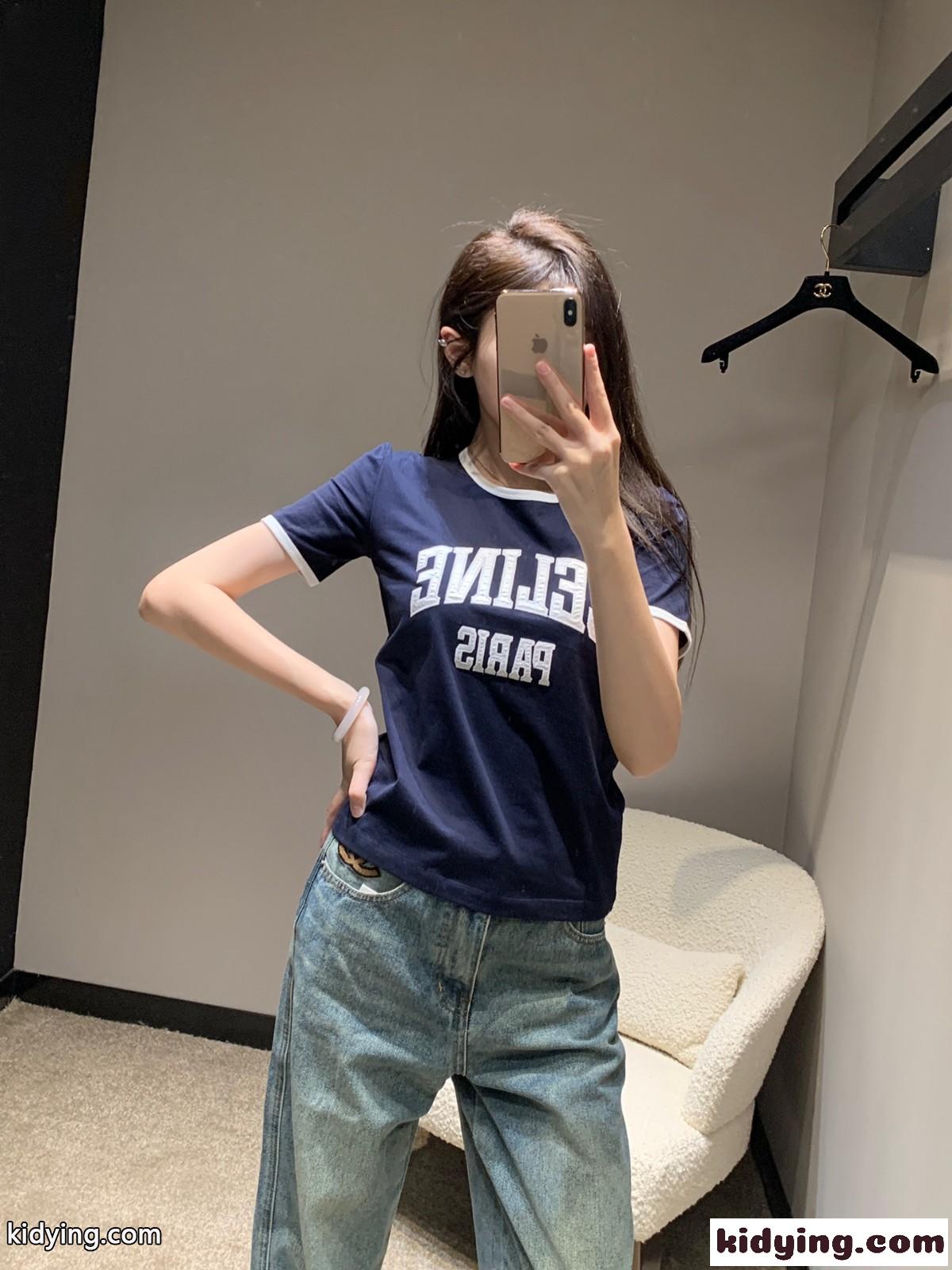 人気 定番 ロゴ クルーネック 半袖Tシャツ セリーヌ Tシャツ コピー ネイビー-5