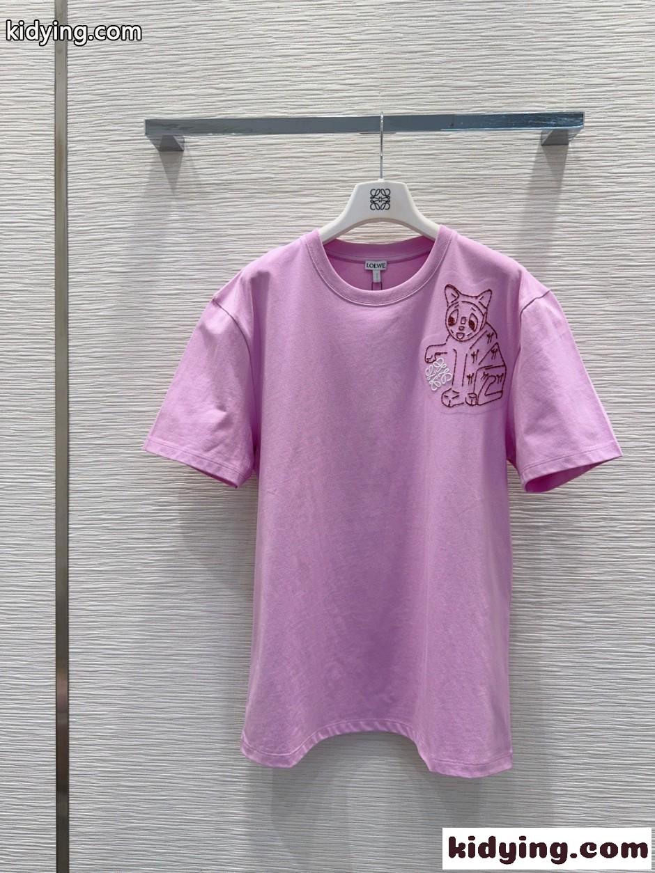 キャットエンブロイダリー 半袖Tシャツ ロエベ Tシャツ コピー ユニセックス ピンク-1
