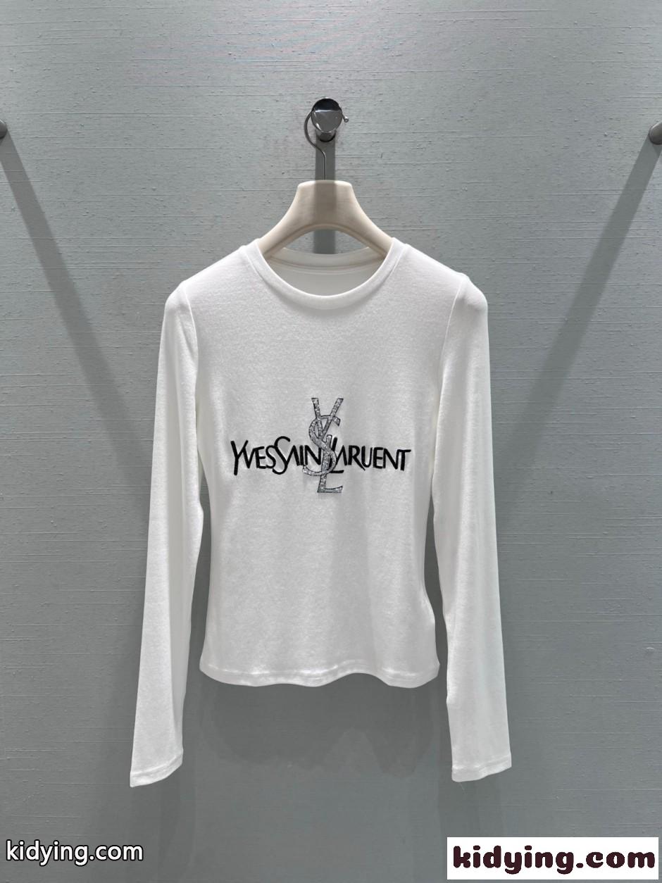 シンプル 合わせやすい ロゴ入り 長袖Tシャツ イヴ・サンローラン Tシャツ 偽物 ホワイト-0