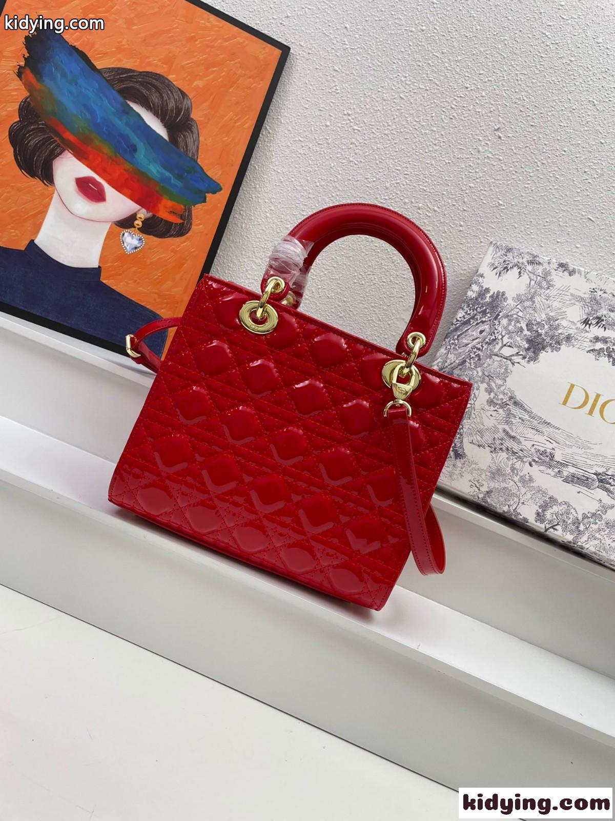 LADY DIOR パテントレザー ミディアムバッグ クリスチャン・ディオール バッグ コピー ハンドバッグ レッド-2
