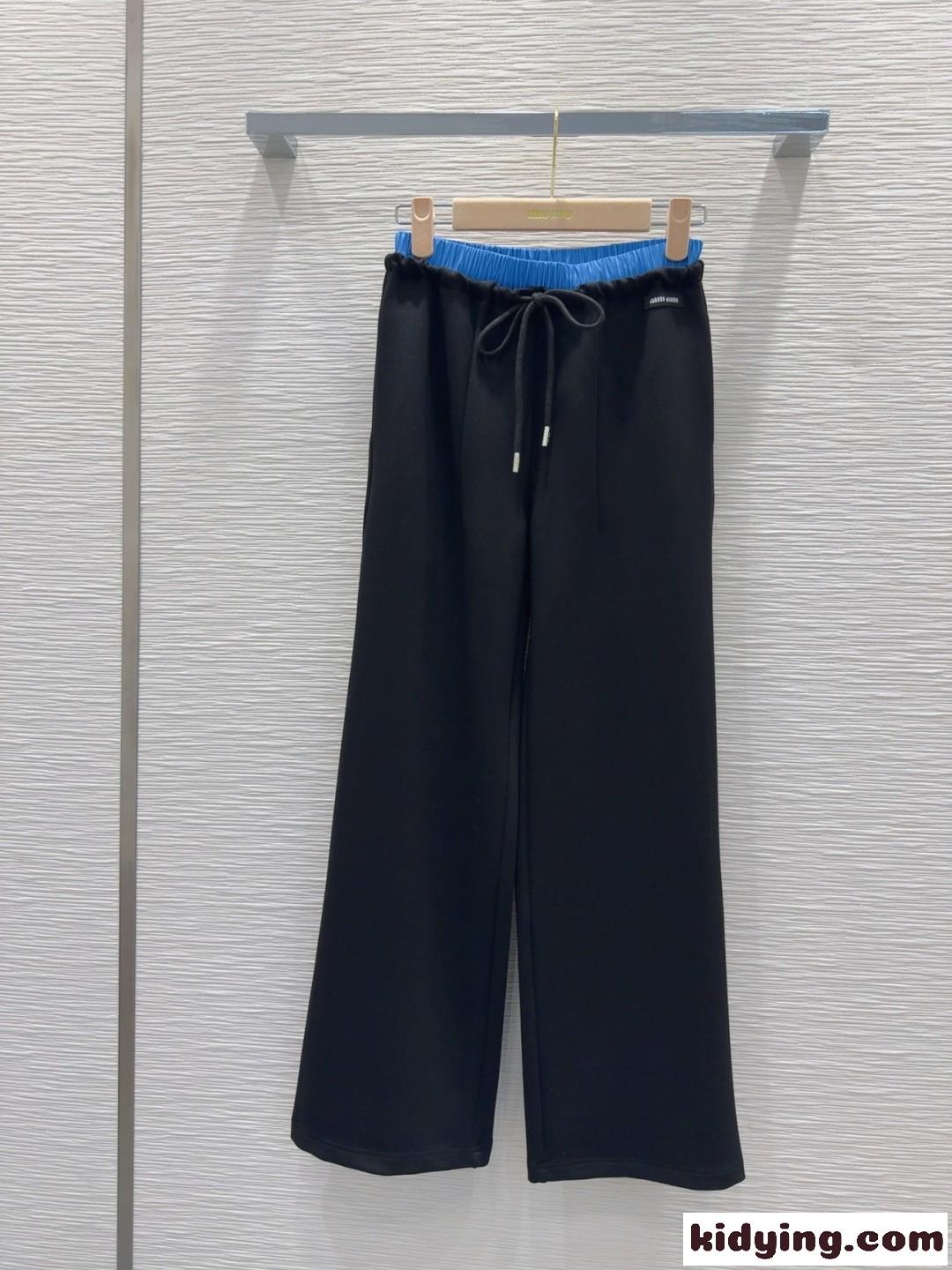 ミュウミュウ パンツ コピー おしゃれ ダブルウエスト ロングパンツ レディース ブラック-1
