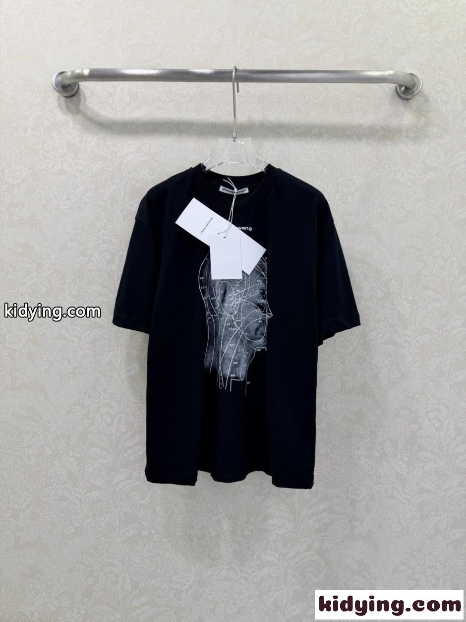 コットン プリント 半袖Tシャツ アレキサンダーワング Tシャツ 偽物 ブラック-0
