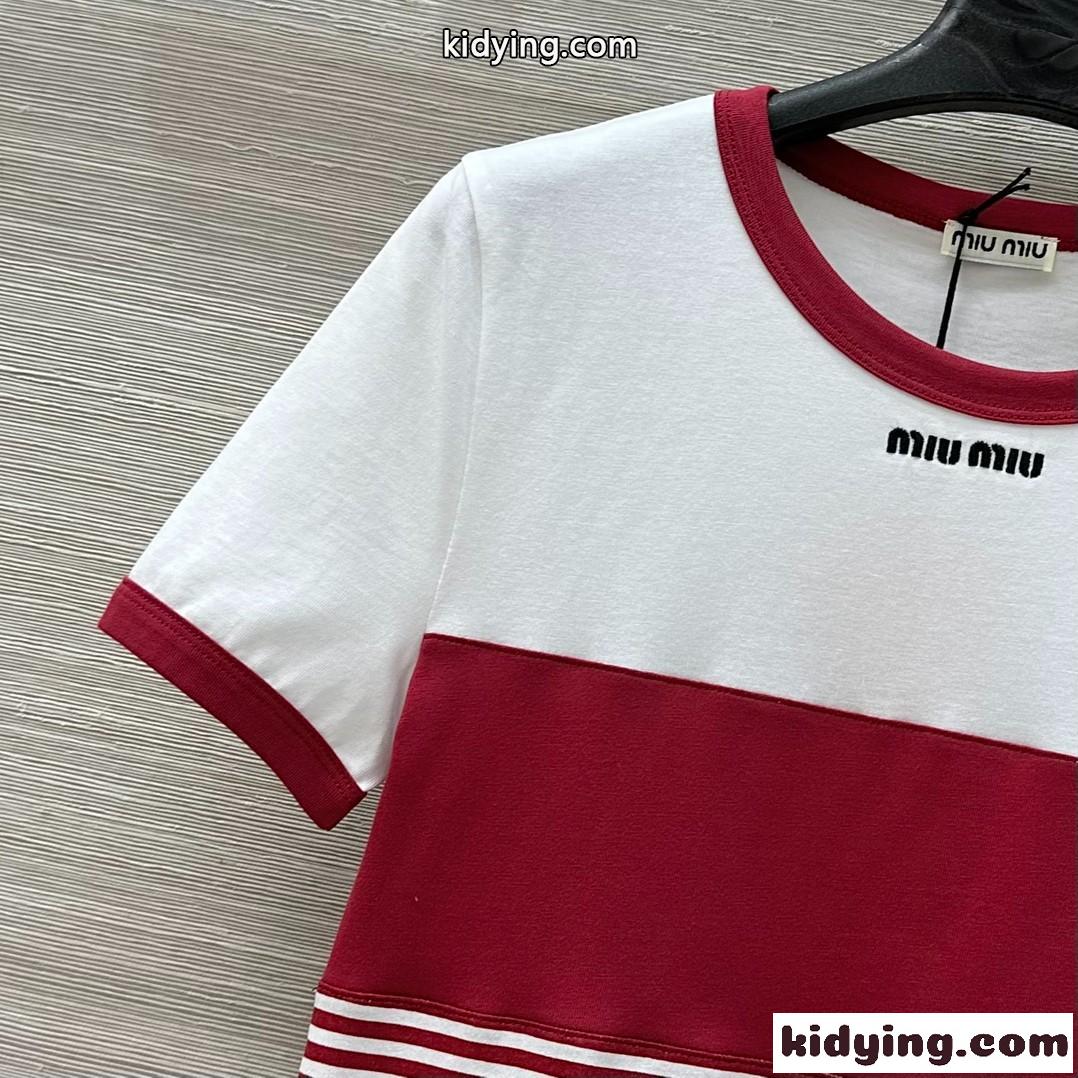 スタイリッシュ クルーネック 半袖Tシャツ ミュウミュウ Tシャツ コピー レッド-0