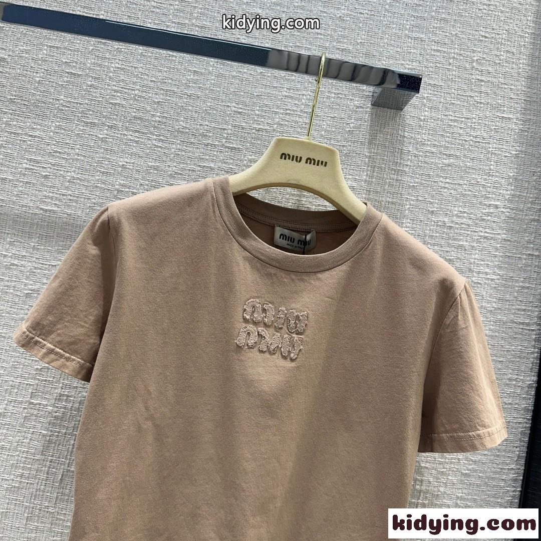 刺繍ロゴ入り コットン 半袖Tシャツ ミュウミュウ Tシャツ コピー-2