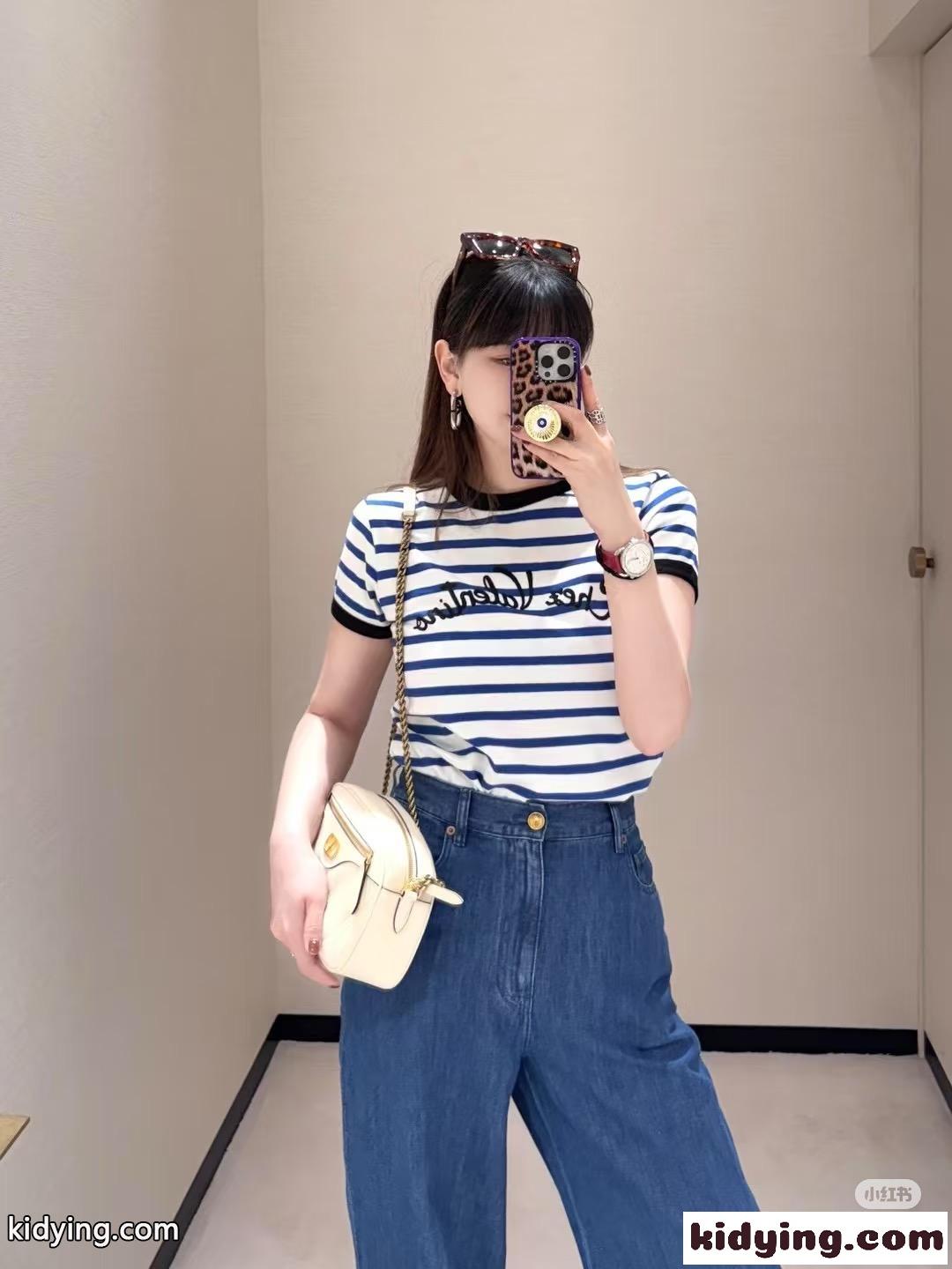 ボーダー柄 コットン 半袖Tシャツ ヴァレンティノ Tシャツ コピー ブルー-3