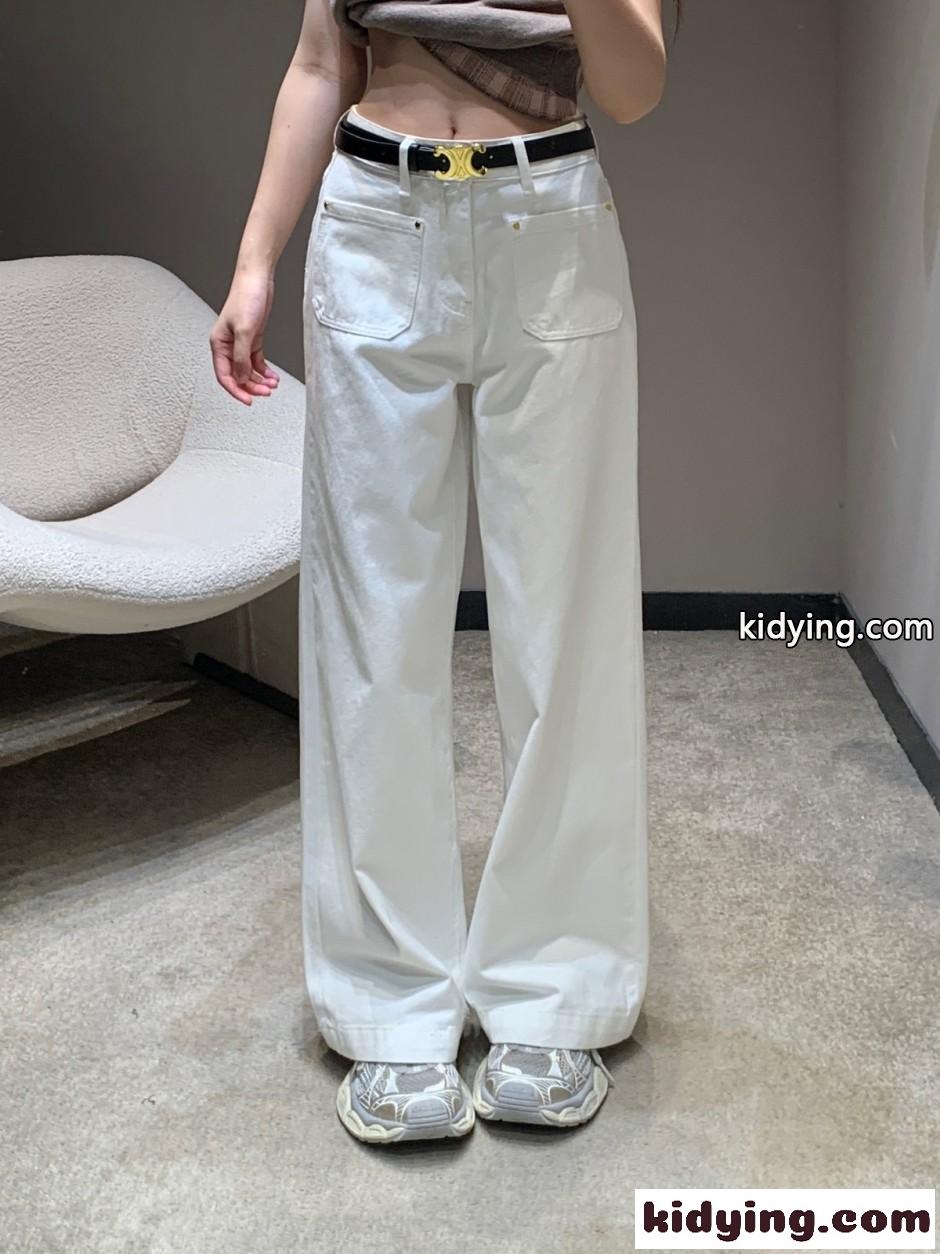 トリオンフベルト付き ワイドデニムパンツ セリーヌ ジーンズ 偽物 ホワイト-4