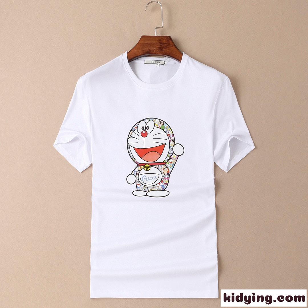 遊び心いっぱい 可愛いド ラえもん プリント グッチ 半袖Tシャツ コピー シルケット加工 クルーネック トップス-2