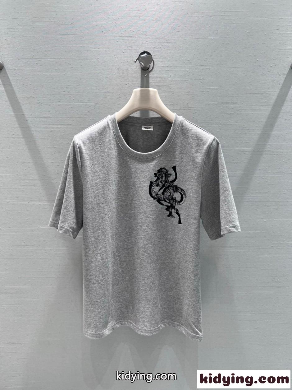 コットン プリント 半袖Tシャツ エルメス Tシャツ コピー クルーネック グレー-0