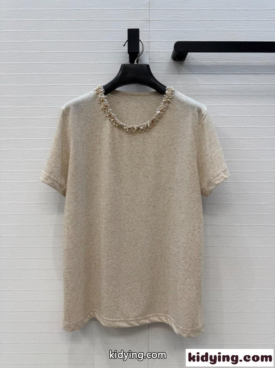 ビジューネック コットンリネン 半袖Tシャツ シャネル Tシャツ コピー-0