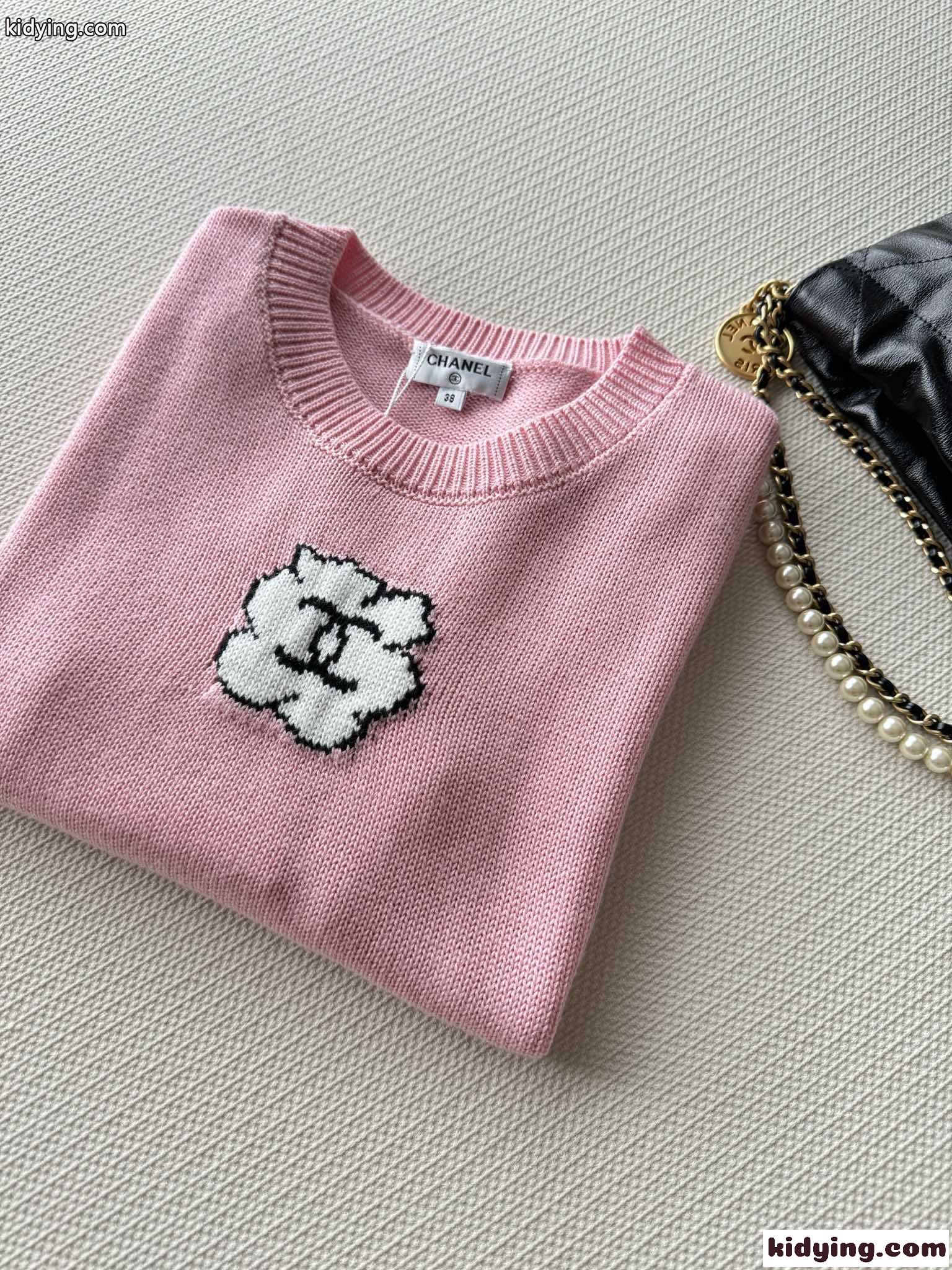 シンプル ロゴ クルーネック サマーニット シャネル ニットウェア コピー ピンク-2