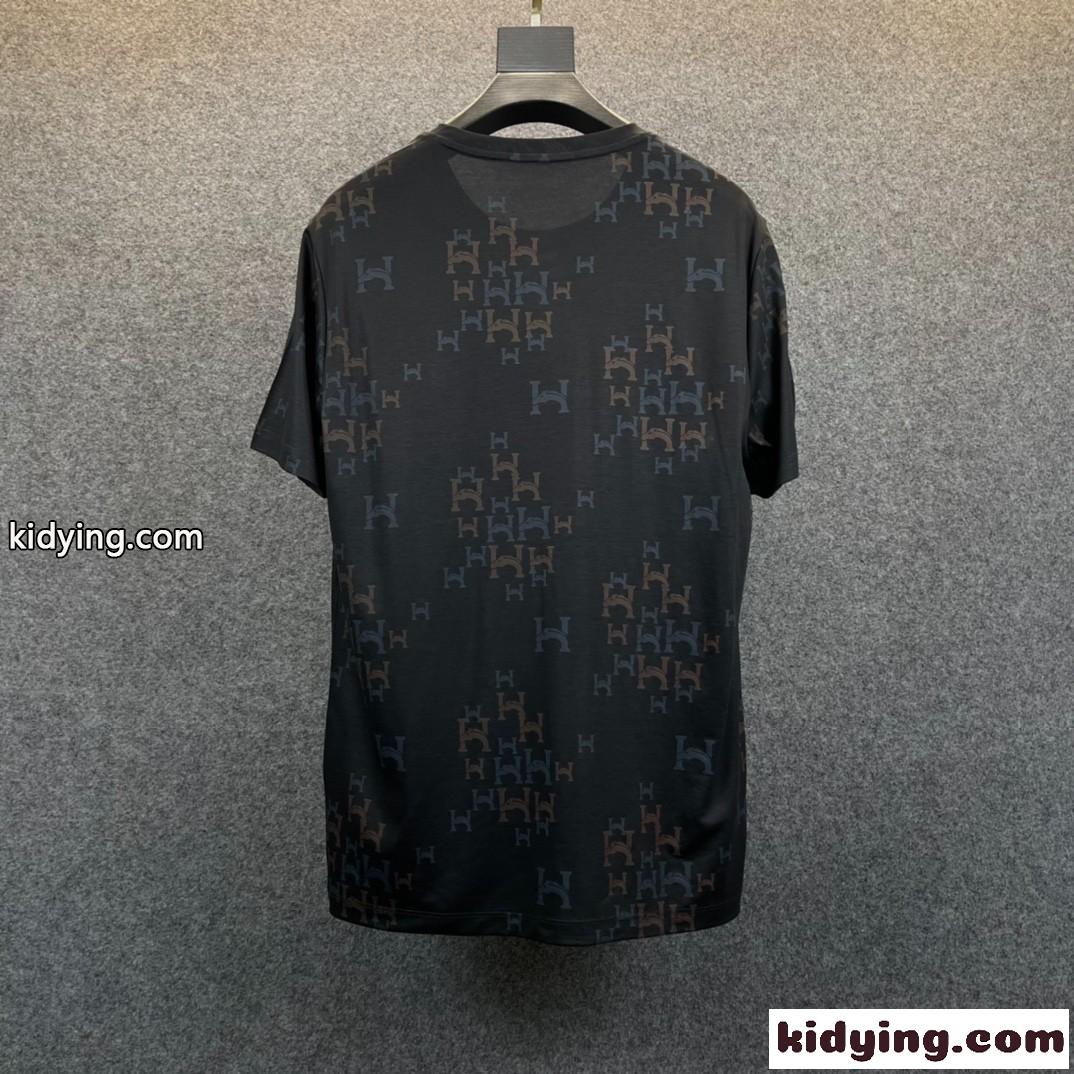 定番 シンプル 合わせやすい ラウンドネック 柔らかい ストレッチ エルメス Tシャツ コピー メンズ 半袖Tシャツ ブラック-4