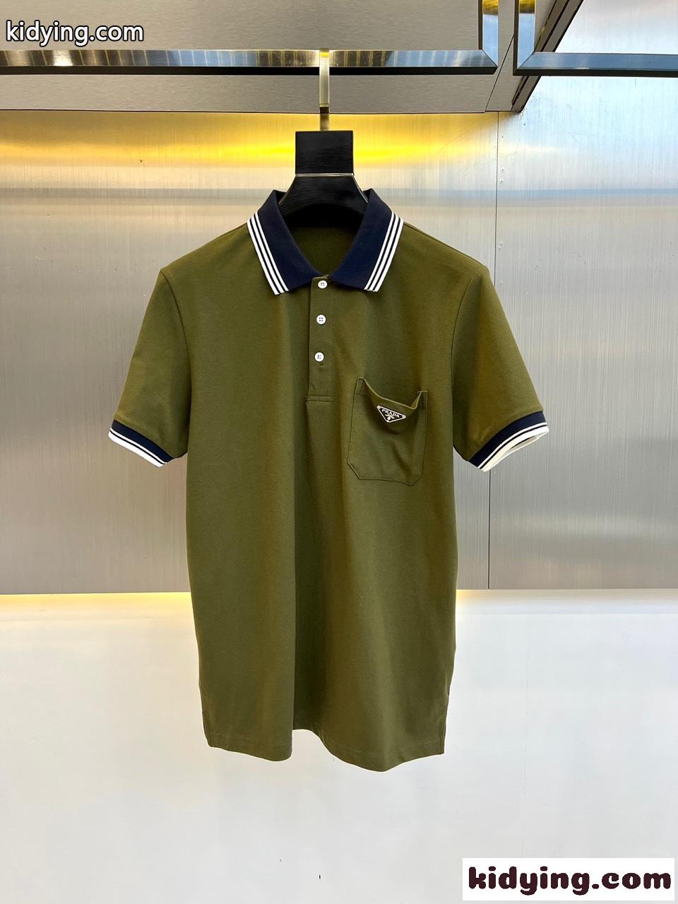 トライアングルロゴ付 コットンピケ ポロシャツ プラダ 半袖Tシャツ コピー グリーン-1