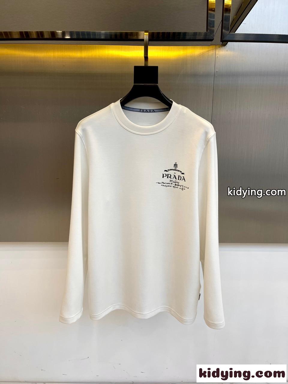 シンプル ロゴ クルーネック 長袖Tシャツ プラダ Tシャツ 偽物 ホワイト-0