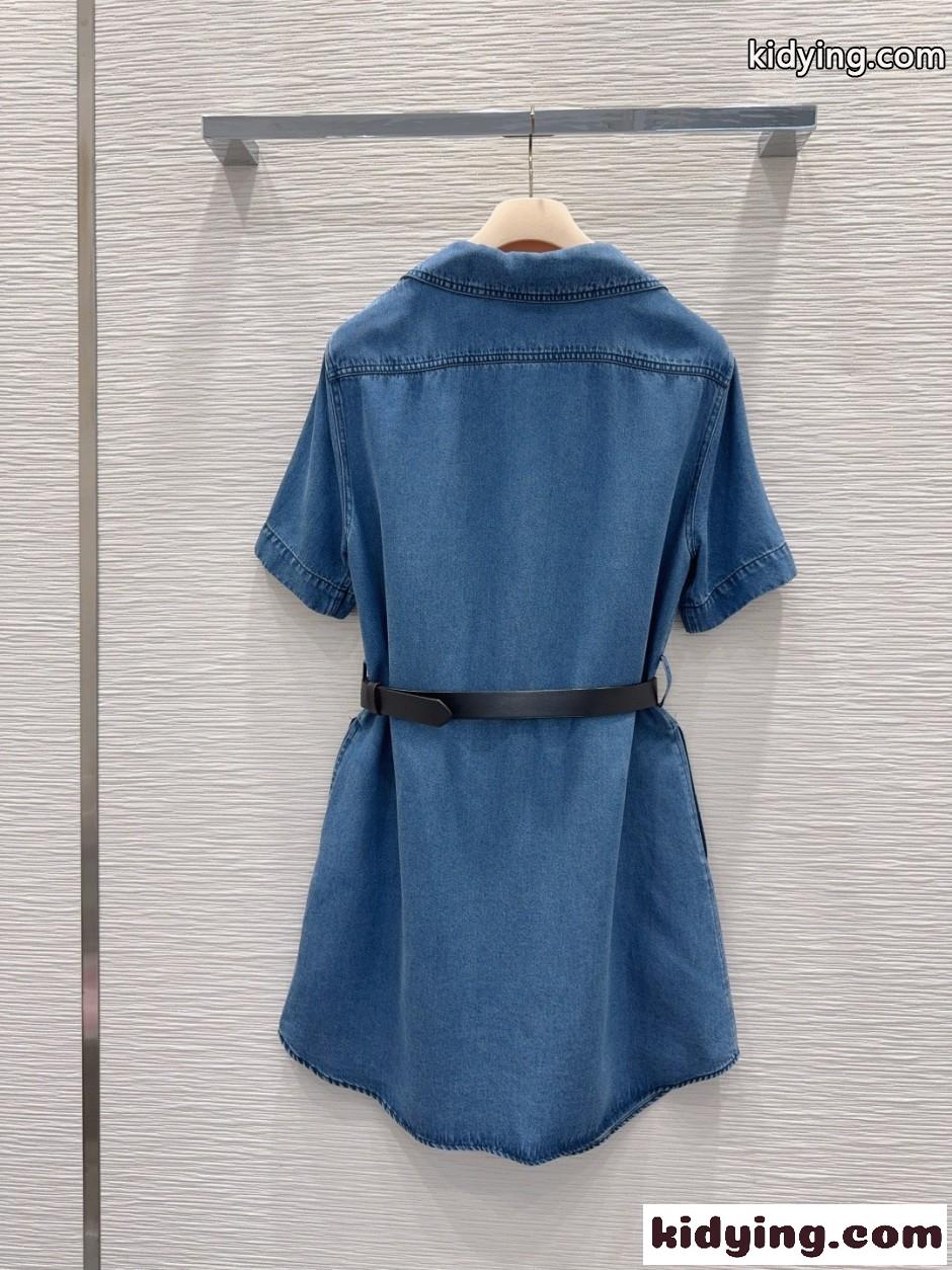 洗練された ベルト付き デニム シャツドレス ミュウミュウ ワンピース 偽物 ブルー-4