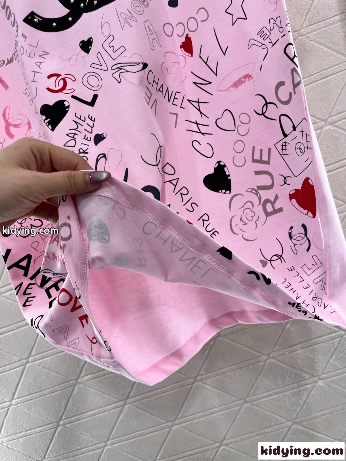 おしゃれ プリント クルーネック シャネル Tシャツ コピー コットン 半袖Tシャツ ピンク-4