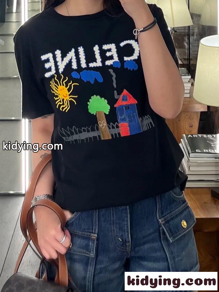 可愛い プリント ルーズTシャツ セリーヌ Tシャツ コピー コットン ブラック-0