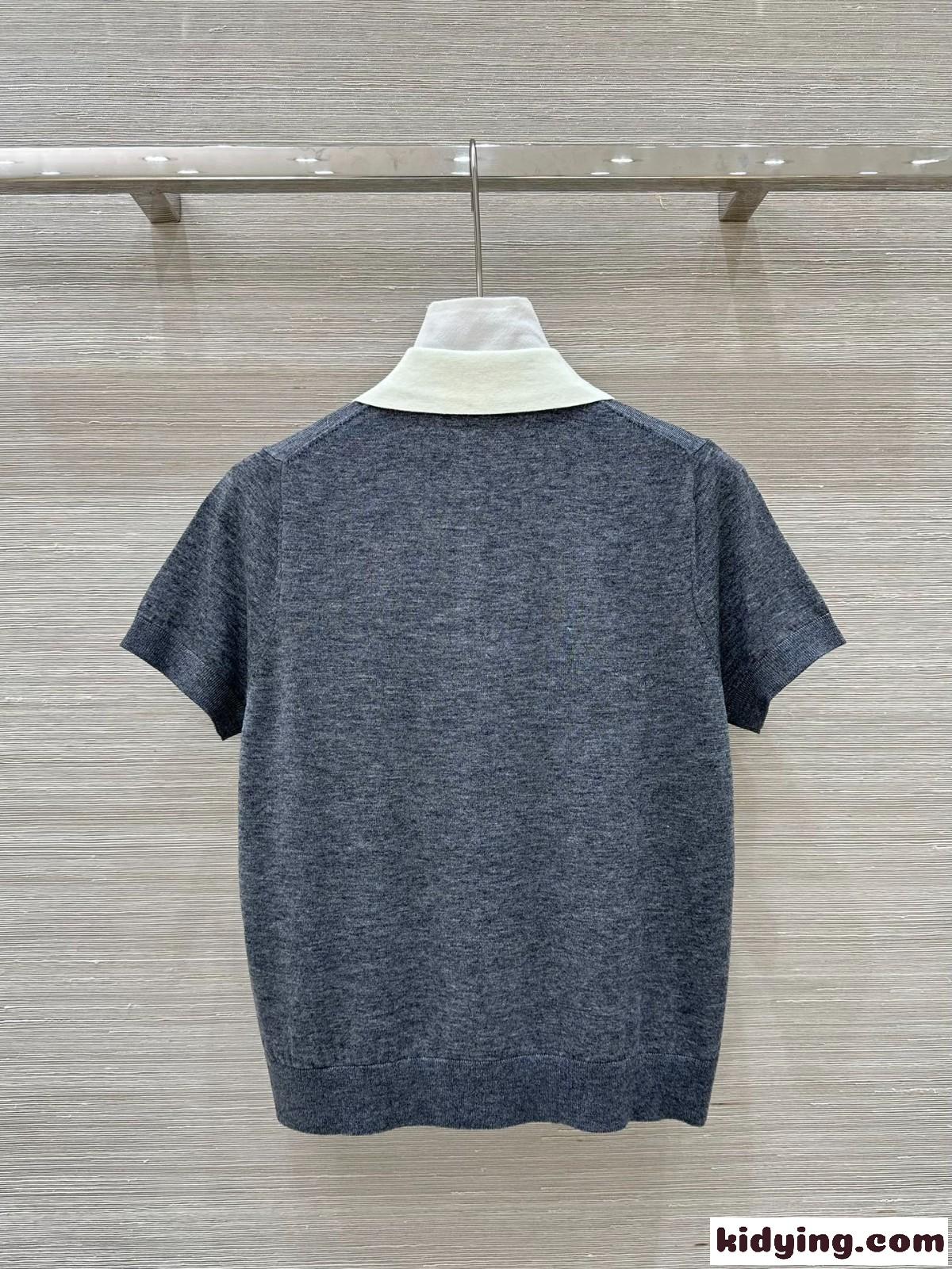 洗練された 上品 半袖 ニットポロ ミュウミュウ ニット コピー グレー-4