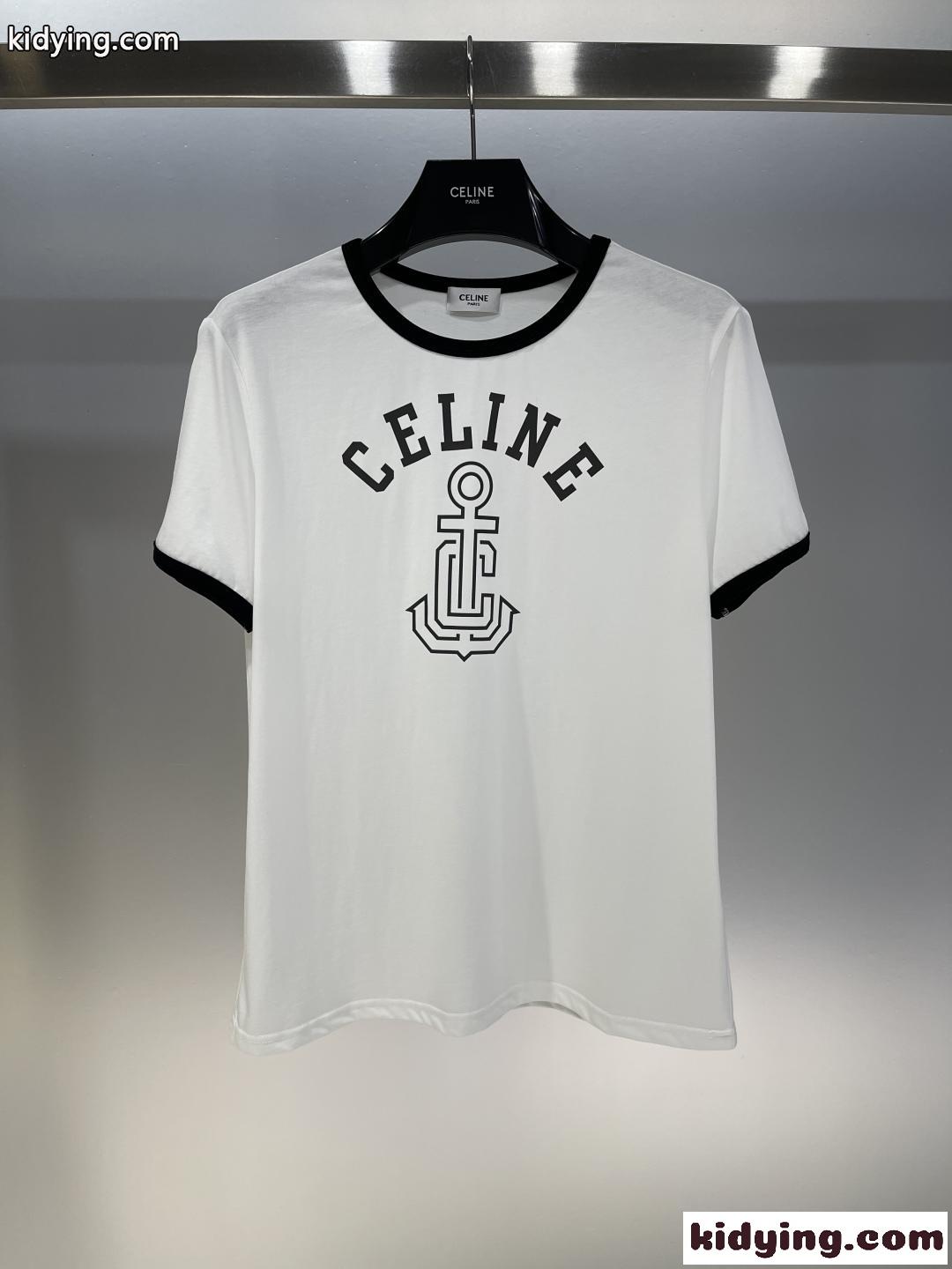 カジュアル コットン 半袖Tシャツ セリーヌ Tシャツ コピー クルーネック ホワイト-2