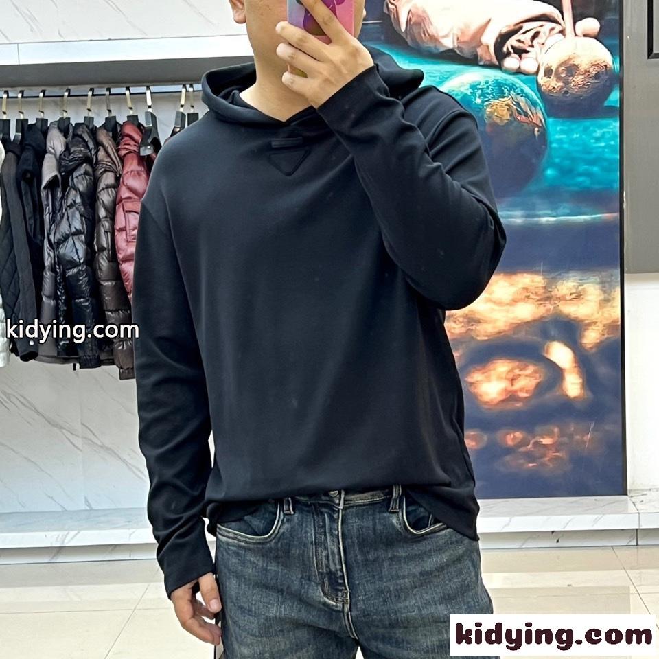 シンプル 着回し フード付き プルオーバー プラダ Tシャツ 偽物 合わせやすい ブラック-2