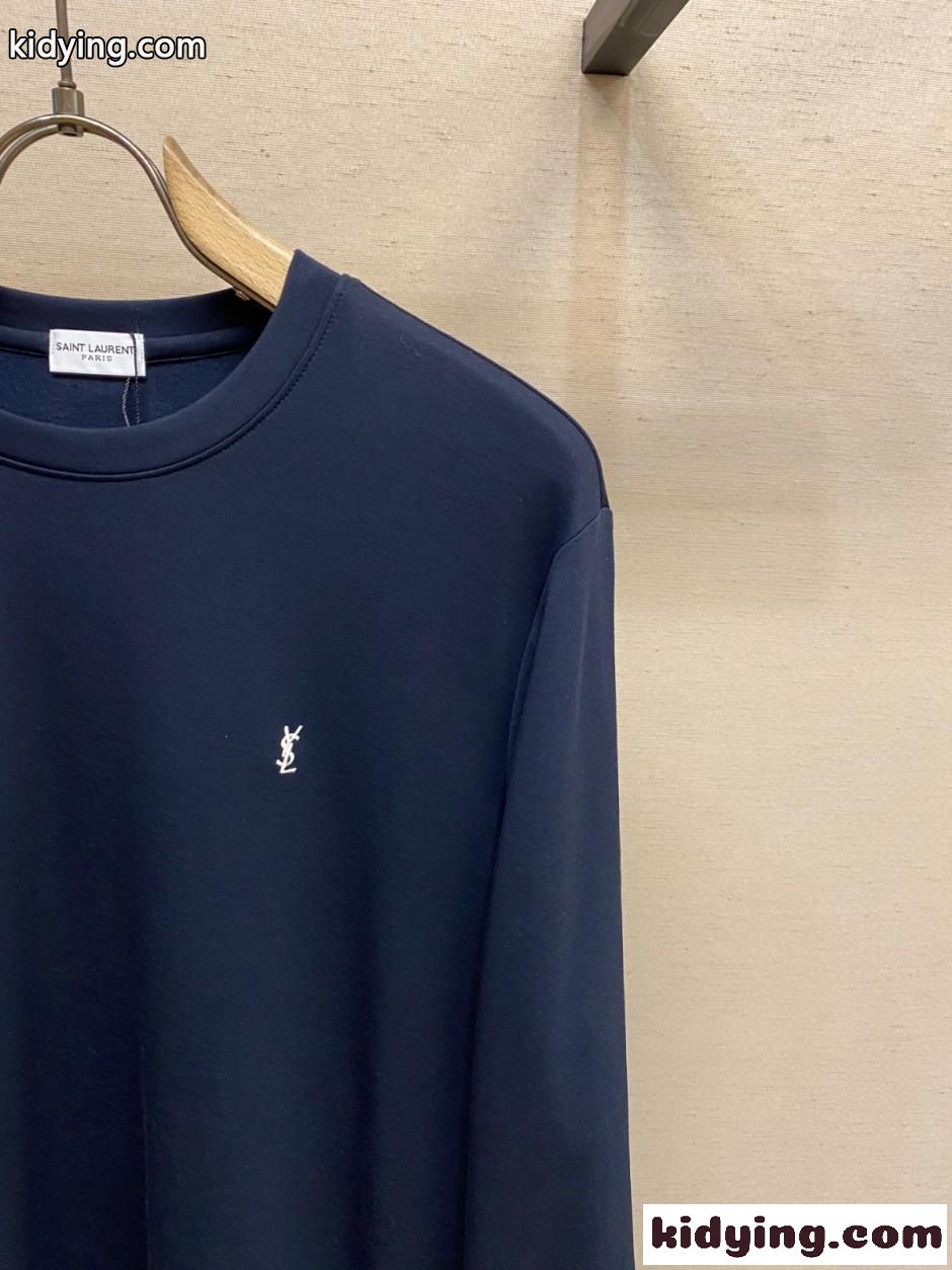 イヴ・サンローラン Tシャツ 偽物 洗練された YSLロゴ 長袖Tシャツ ネイビー-2