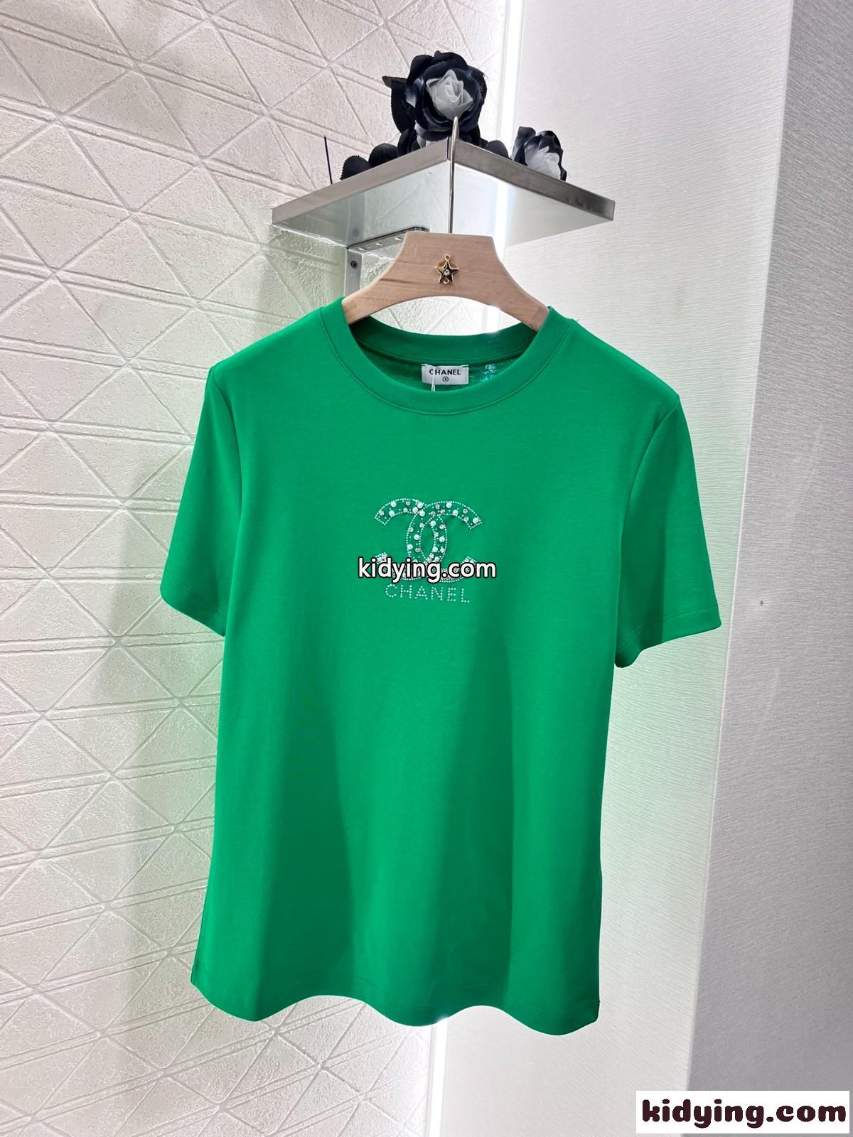 シンプル ロゴ入り シャネル Tシャツ コピー コットン 半袖Tシャツ グリーン-1