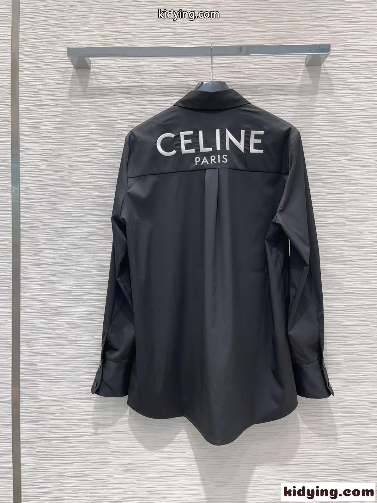 シンプル トリオンフ 刺繍 ロゴ ロングスリーブシャツ セリーヌ シャツ コピー ブラック-4