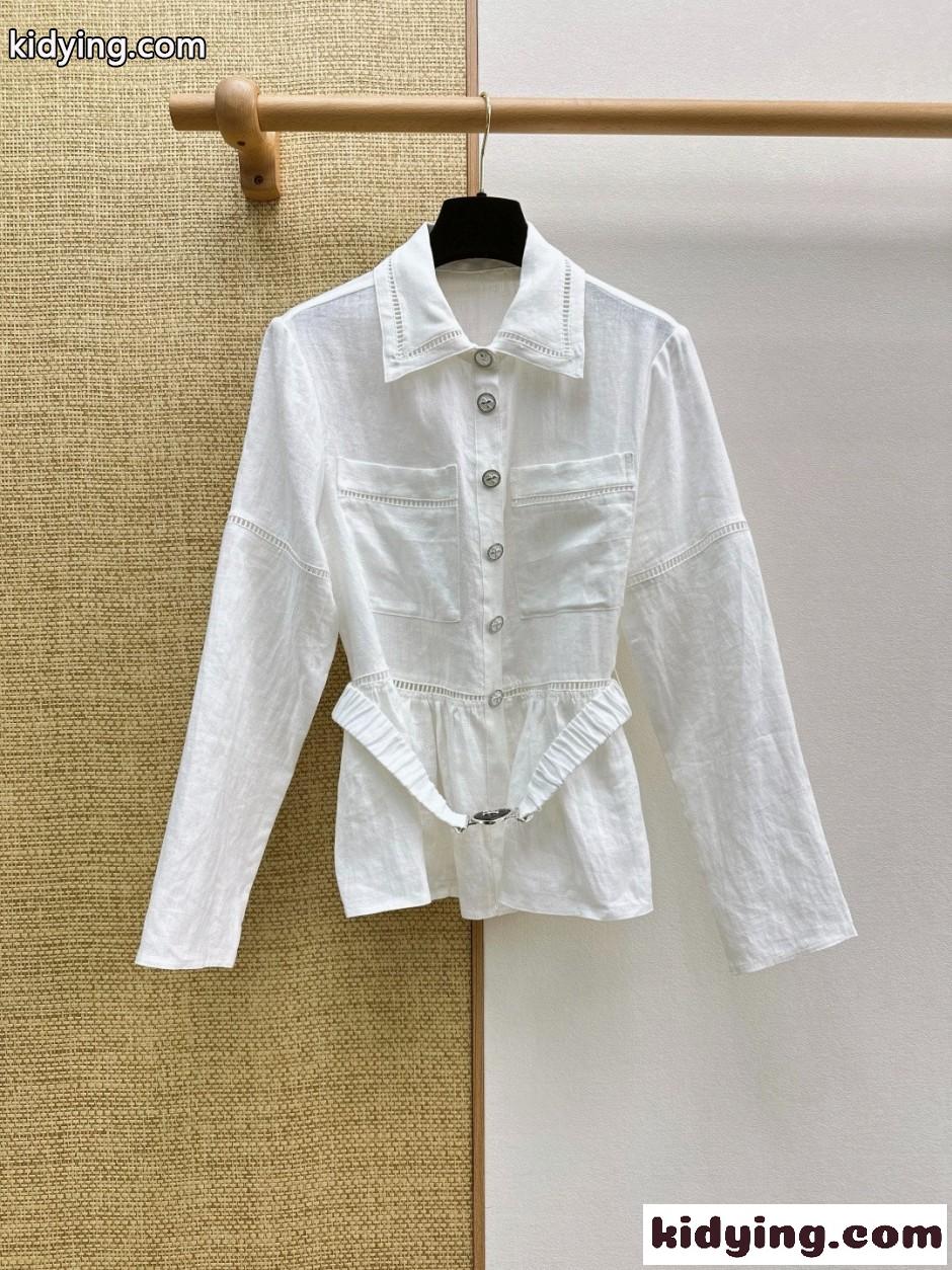 洗練された ベルト付き リネンシャツ シャネル シャツ コピー ホワイト-2