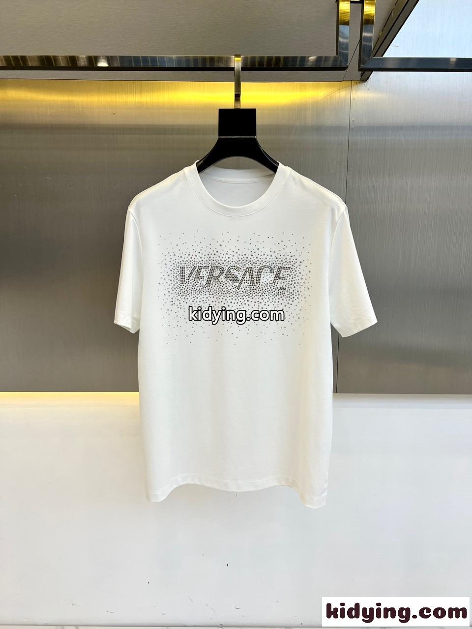 ラインストーン付き ロゴ 半袖Tシャツ ヴェルサーチェ Tシャツ コピー ホワイト-0