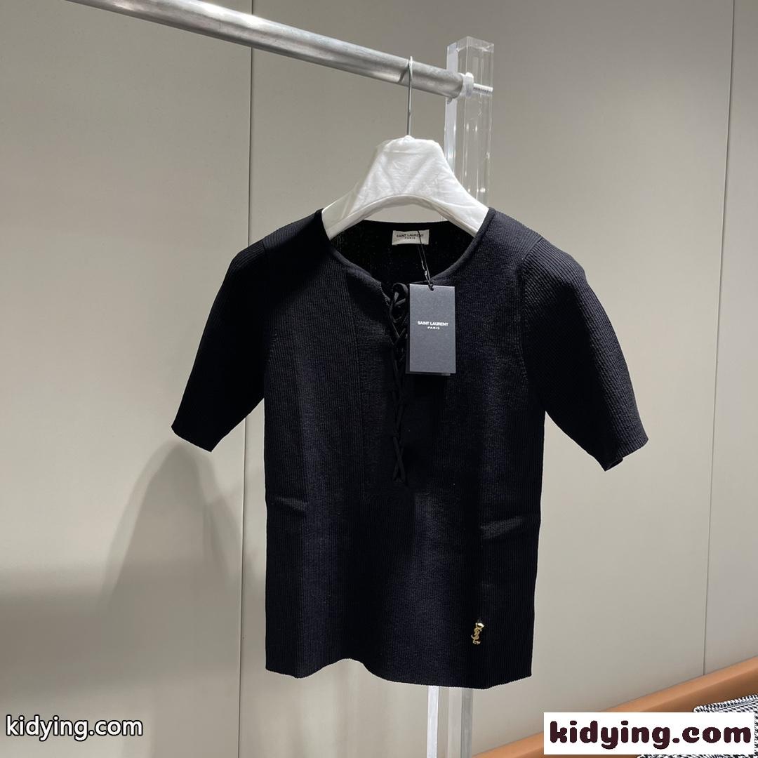 シンプル お洒落 レースアップ イヴ・サンローラン Tシャツ コピー 半袖 ニット カットソー-0