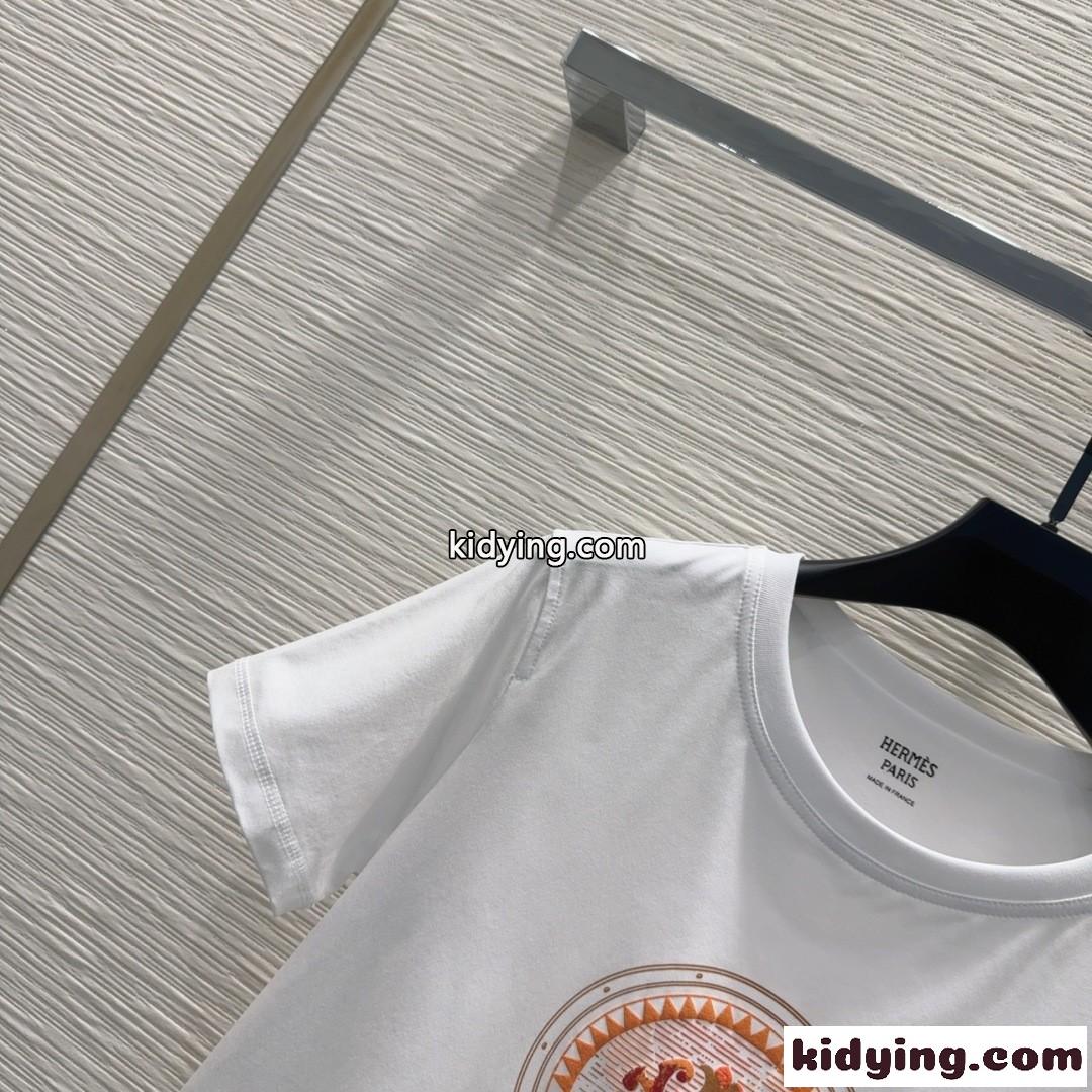 シンプル コットン 半袖 トップス エルメス Tシャツ コピー クルーネック ホワイト-2