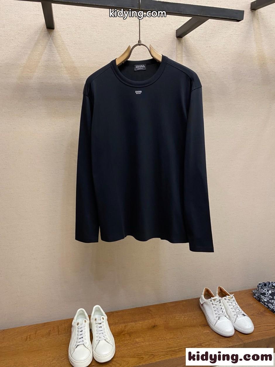 シンプル 合わせやすい コットン 長袖Tシャツ エルメネジルド・ゼニア Tシャツ 偽物 ブラック-1