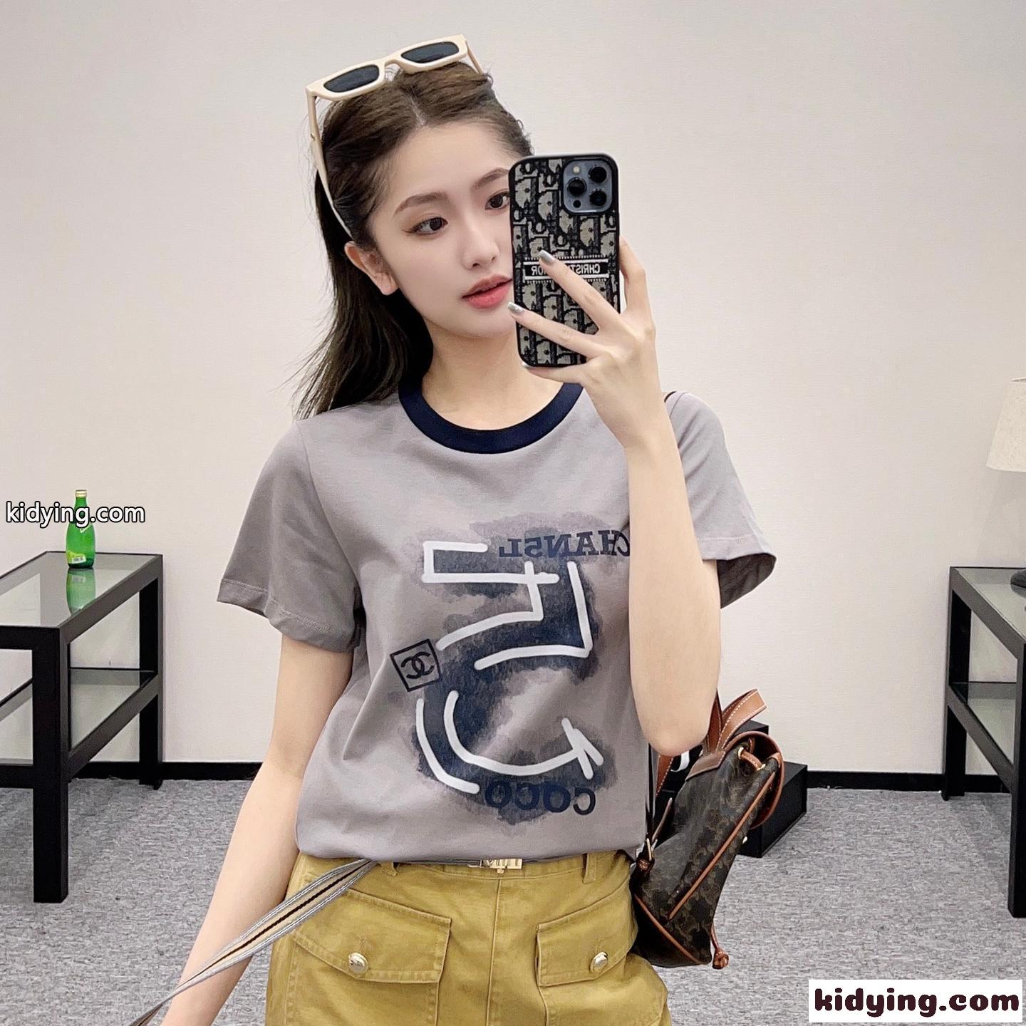 カジュアル プリント コットン 半袖Tシャツ シャネル Tシャツ コピー クルーネック-0
